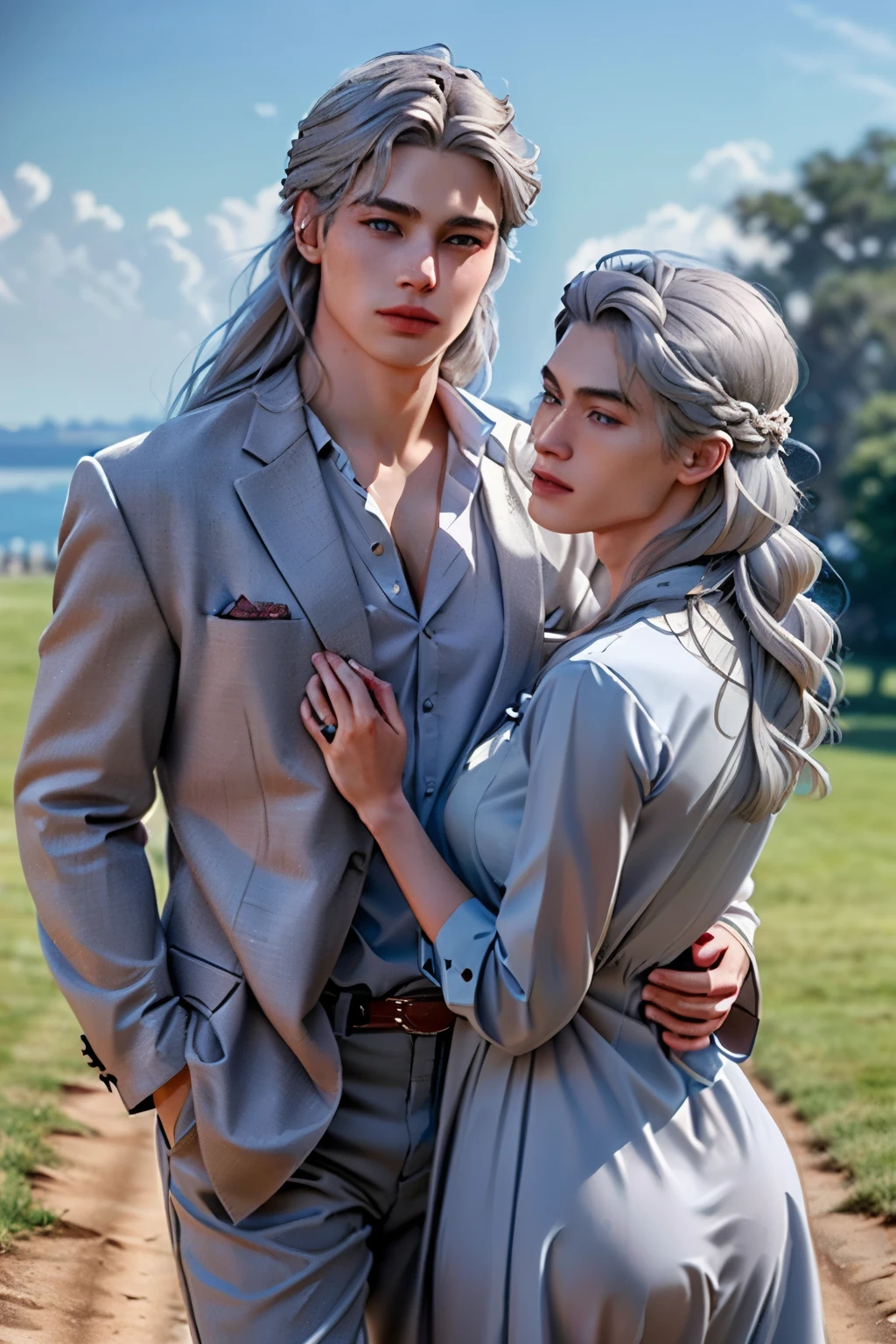 ((hyper realistic)), (masterpiece), (5K), (best quality), detailed,(perfect face), ((A young couple with gray hair)), (she has a gray long hair), she has fair skin and brown eyes, she is wearing a white dress, (he has a short gray hair). he has fair skin and blue eyes and is wearing a prince's outfit. ((They are in a walking together pose))