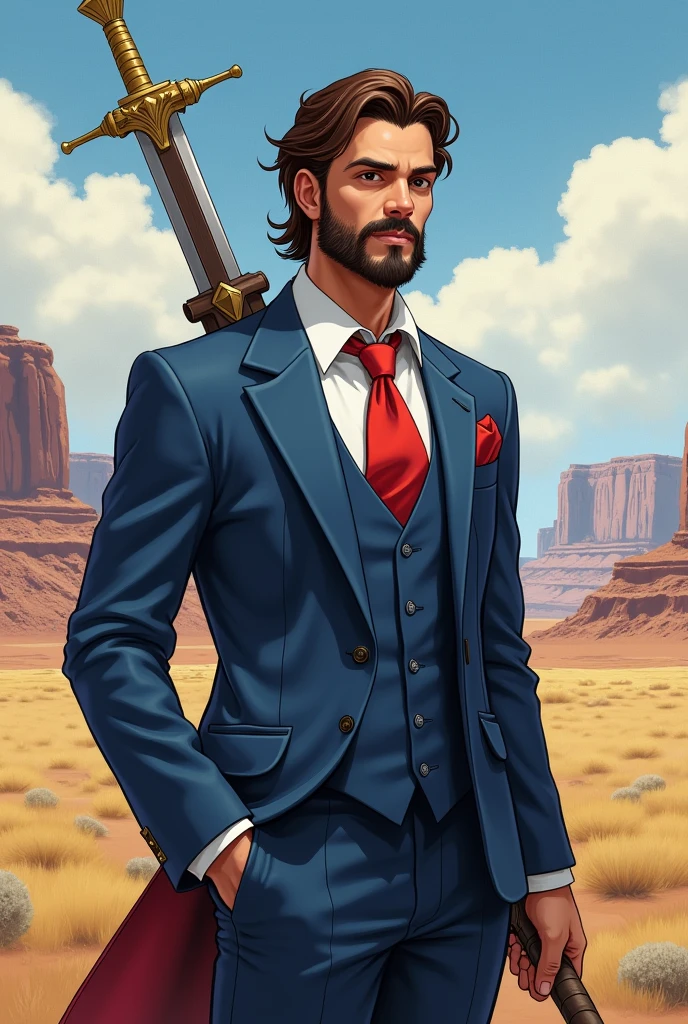 He is a man standing at 1.15 meters tall with a normal build. He has medium-length brown hair and he has a Friendly Mutton Chops. He is very well-dressed in a blue suit with a red tie. He carries the legendary sword Excalibur and has a magnificent and especially calming presence. The character should be styled in a fantasy RPG art style and set in the Old West.