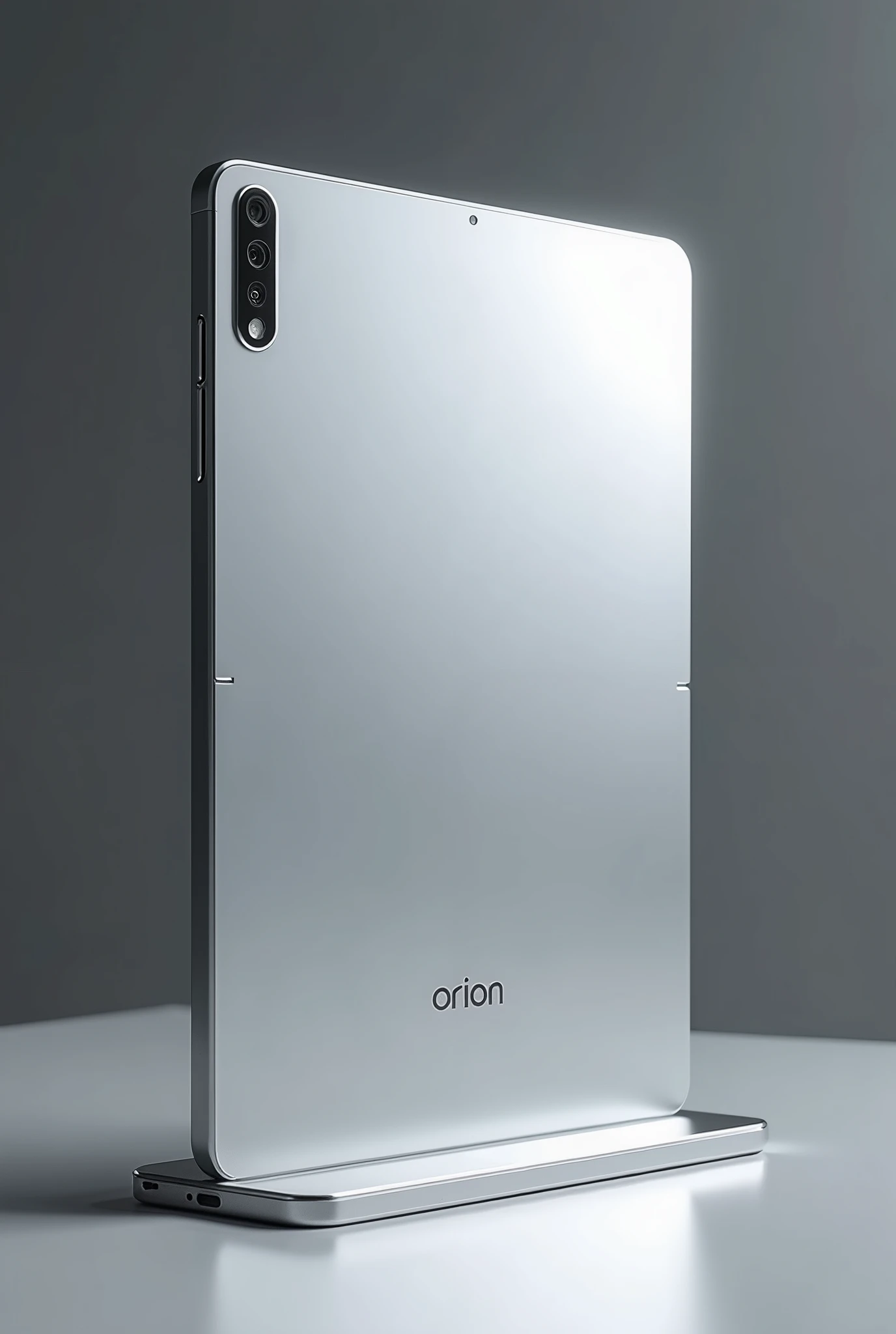Silver advertising tablet showing better front and back, more innovative and thin with 2 cameras and with Orion brand name