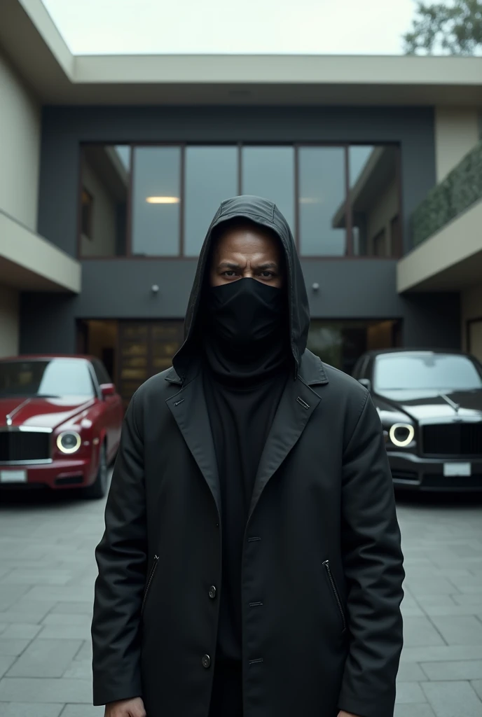 A man with light black skin, wearing a black surgical mask and a black gothic jacket, is in front of his modern mansion, next to three cars.