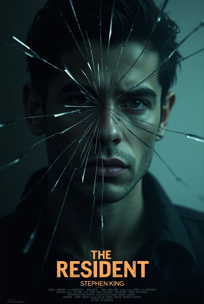 I want you to make a poster about a horror and suspense series where a man looks at his reflection in a broken mirror where he can see his own death., Name it The Resident and use the same font as Stephen King&#39;s.