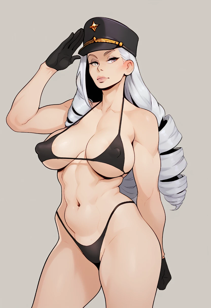 score_5_up, score_6_up,
1girl, solo, standing, salute, arm behind back, wearing (black bikini, black gloves, cap), long hair, drill hair, large breasts, covered nipples, simple background
