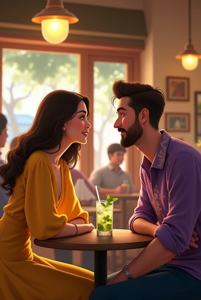 Couple sitting in a cafe and ordered mojito on table. girl wearing yellow dress with sleeves loose hair and boy wearing purple shirt with golden flower pattern on it. They are sitting front to each other, boy has little beard and mustache both are good looking and made for each other
