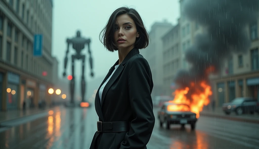 beautiful (((3))) woman, with bob hair, (((((one person))))), ((ultrawide photo)), (distant plan), barely smiling, (stands on the asphalt), in full growth, (stands on a wet road), (heavy rain), heavy rain falls, downpour, standing under the rain, wearing modern topcoat, business looking overcoat, ((cinematic bokeh at background)), (((everything wet))), ((car on fire) behind her)) and fire is high to sky, huge robot stays at the background with smoke and vaporing, a drops of water on the skin, detailed drops, water fall from above, windy, (wet hair), wet clothes, wet body, wet lips, wet skin, low visibility, (thin laser lights on background), 8k resolution, ultra quality, masterpiece, beauty, accentuated eyes, eyes details, good composition, body details, retina, well-sculpted face, (((full-length))), canon, arri, film look, grain, bloom, soft look, soft contrast, smoking, smoking cigarette, ((((horizontal collage))))