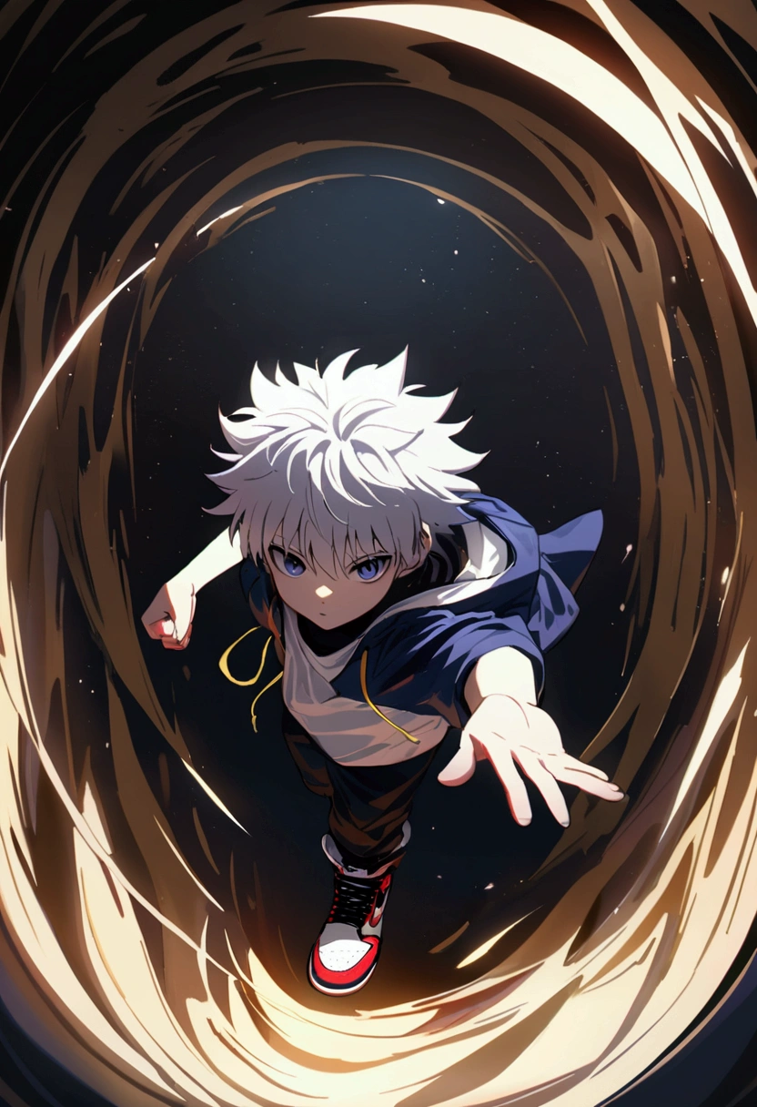 killua zoldyck, fullbody, hiphop clothes, baggy, perspective, detailed face, detailed hands, jordan 1 shoes.