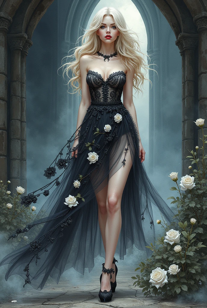 watercolor anime comic art, Boris Vallejo art, of a female vampire, exquisite beauty, full body shot, dark glamour shot, busty, pale white skin, dark blond hair, long hair, wavy hair, blood red lips, glowing grey eyes, she wears a (white lace dress: 1.3) exquisite, beautiful, half sheer dress, ((white lace: 1.5)) dress (intense details, Masterpiece, best quality: 1.5), the roses are imprinted on the dress (black: 1.4) high heells, dark castle