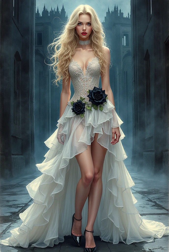 watercolor anime comic art, Boris Vallejo art, of a female vampire, exquisite beauty, full body shot, dark glamour shot, busty, pale white skin, dark blond hair, long hair, wavy hair, blood red lips, glowing grey eyes, she wears a (white lace dress: 1.3) exquisite, beautiful, half sheer dress, ((white lace: 1.5)) dress (intense details, Masterpiece, best quality: 1.5), the roses are imprinted on the dress (black: 1.4) high heells, dark castle