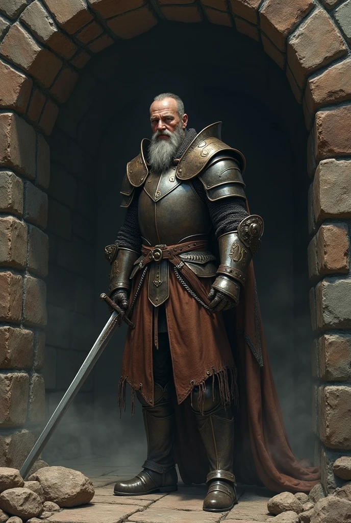 a knight in leather armor with a long sword in search of a dungeon to farm money 