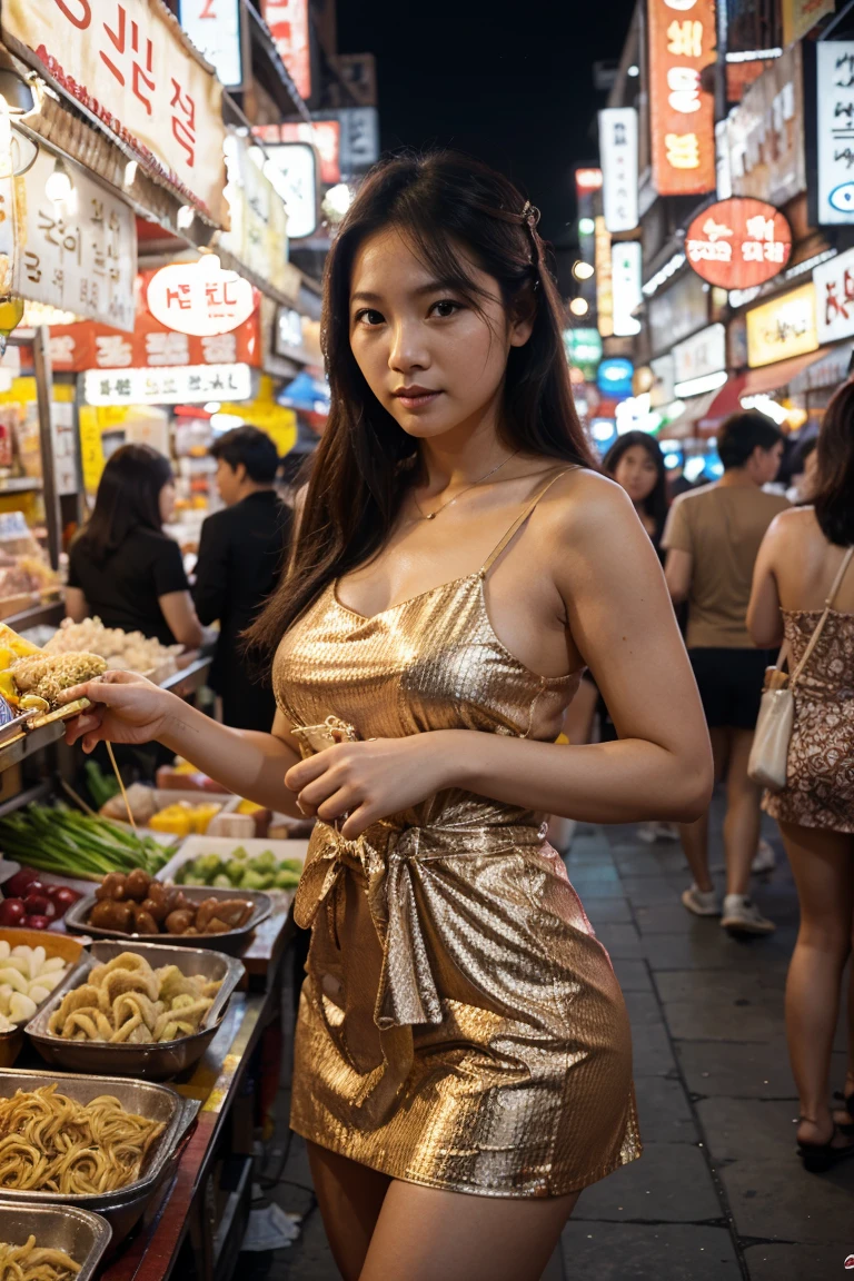 Woman shopping in night market, seoul south korea, savory foods, tanghulu dessert, sexy little dress, sexy woman, posing with noodles