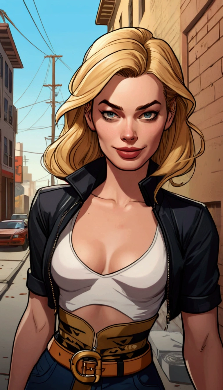 a cartoon image of a woman in a black jacket and a white blouse, margot robbie em gta v, art gta 5 comics, artgasm, Betty Cooper, black canary, gta v artwork style, urban girl fanart, Terry Moore, zenoscope, style artgerm, Gwen Stacy, portrait of emma frost, in the style artgerm, background art