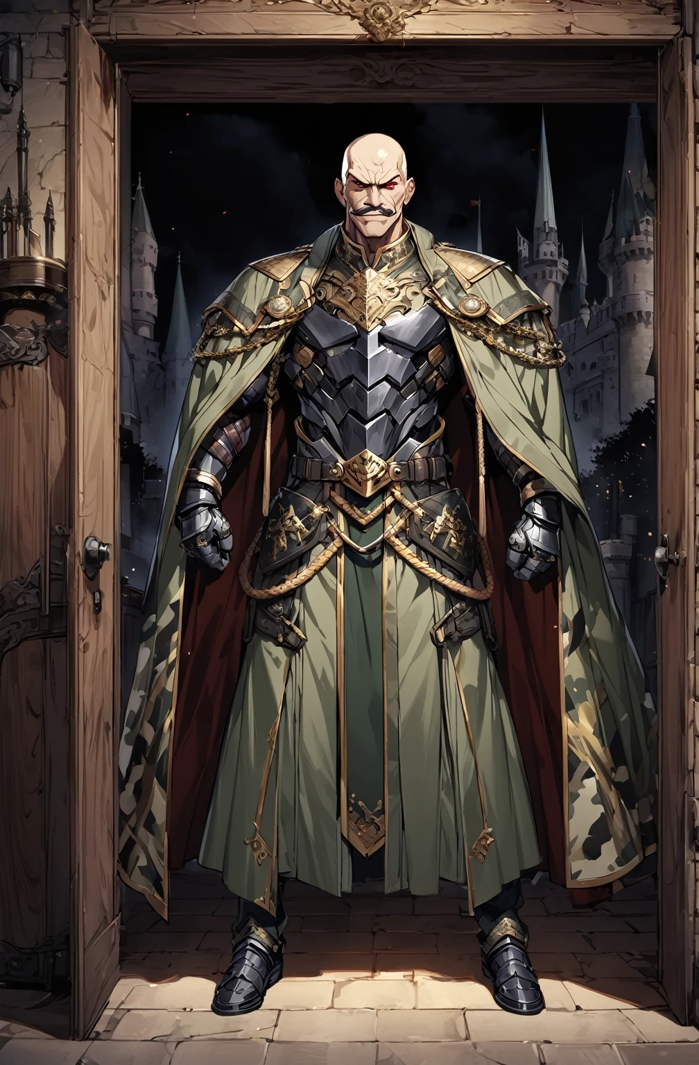 masutepiece, Best Quality,  Highly detailed, epic exquisite character art, A Man, (((Solo))), (muscular guy, Middle Age, 50 years old, , Bald, shaved hair, Black short mustache), (Paladin Knight of Arab aesthetics, Wearing a military uniform with a camouflage pattern, Patterned fabrics and capes, With the coat of arms of a heron), Evil Bald Muscular Warrior,full body,Evil smile,Camouflage military uniform,old man,furious evil smile,((castle background)),inside,