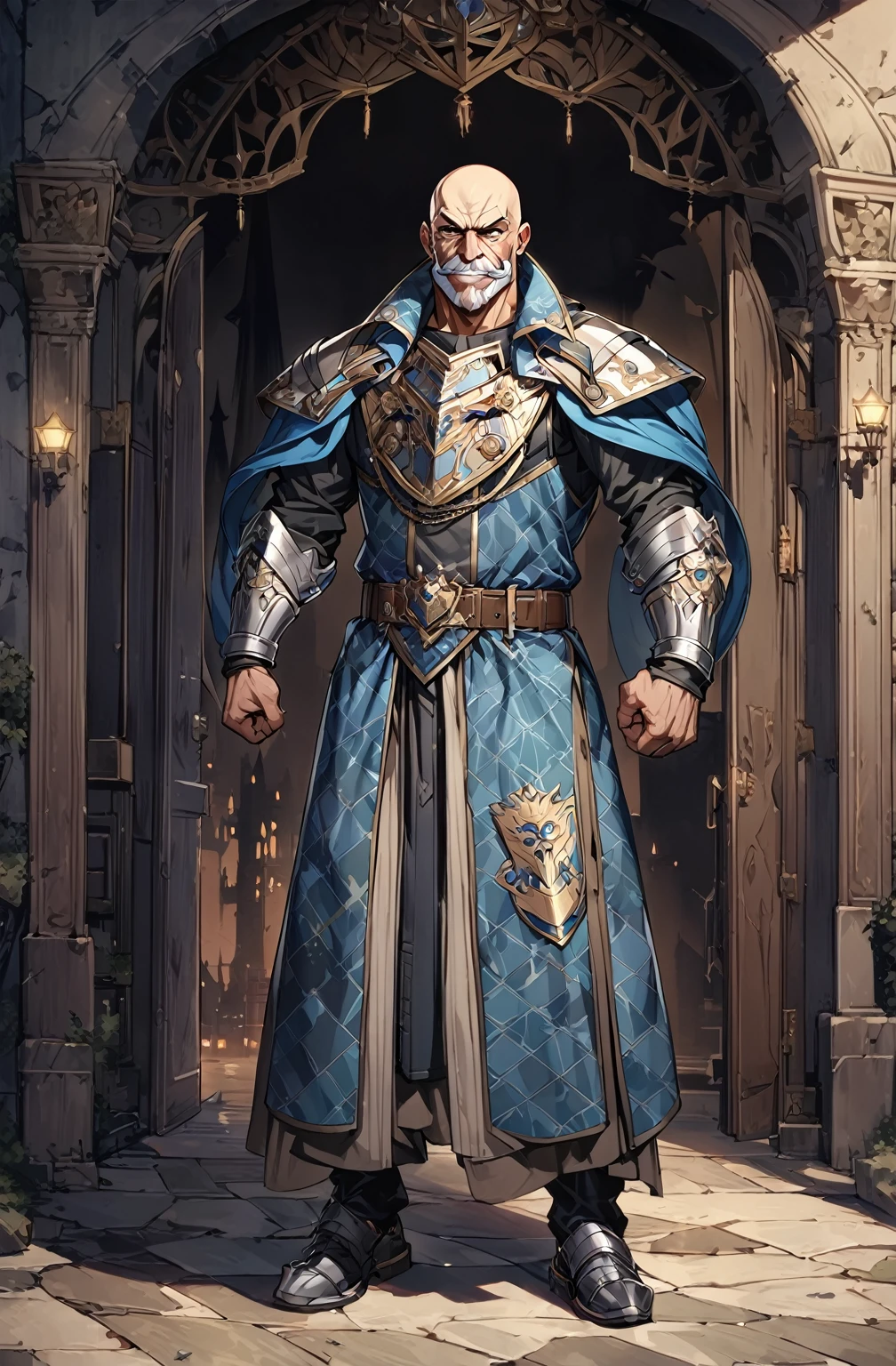 masutepiece, Best Quality,  Highly detailed, epic exquisite character art, A Man, (((Solo))), (muscular guy, Middle Age, 50 years old, , Bald, shaved hair, Black short mustache), (Paladin Knight of Arab aesthetics, Wearing a military uniform with a camouflage pattern, Patterned fabrics and capes, With the coat of arms of a heron), Evil Bald Muscular Warrior,full body,Evil smile,Camouflage military uniform,old man,furious evil smile,((castle background)),inside,