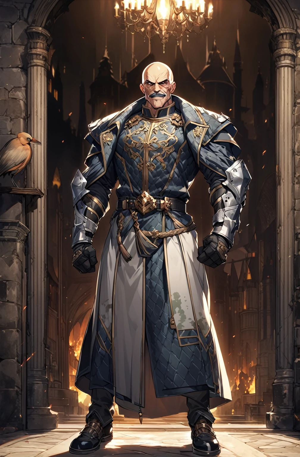masutepiece, Best Quality, Highly detailed, epic exquisite character art, A Man, (((Solo))), (muscular guy, Middle Age, 50 years old, , Bald, shaved hair, Black short mustache), (Paladin Knight of Arab aesthetics, Wearing a military uniform with a camouflage pattern, Patterned fabrics and capes, With the coat of arms of a heron), Evil Bald Muscular Warrior,full body,Evil smile,Camouflage military uniform,old man,furious evil smile,((castle background)),inside,