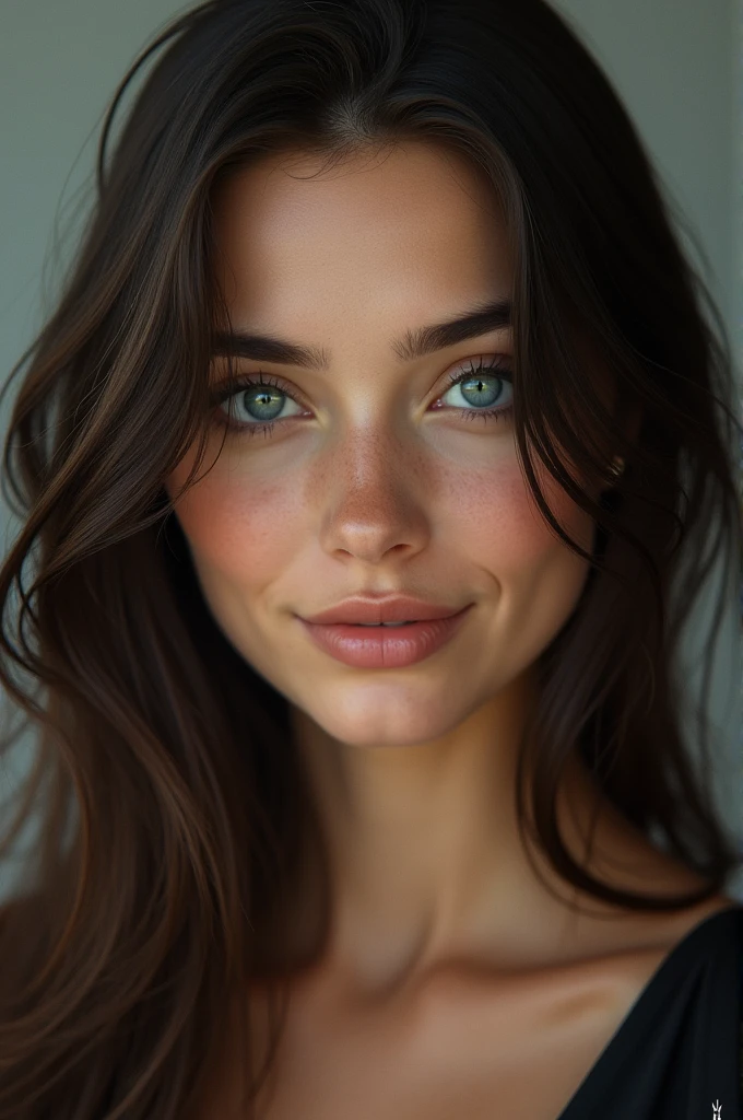 A 25 year old woman with straight brunette hair and blue eyes