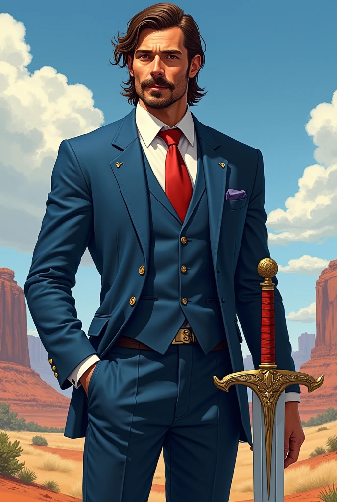 He is a man standing at 1.15 meters tall with a normal build. He has medium-length brown hair and he has a Friendly Mutton Chops. He is very well-dressed in a blue suit with a red tie. He carries the legendary sword Excalibur and has a magnificent and especially calming presence. The character should be styled in a fantasy RPG art style and set in the Old West. 
