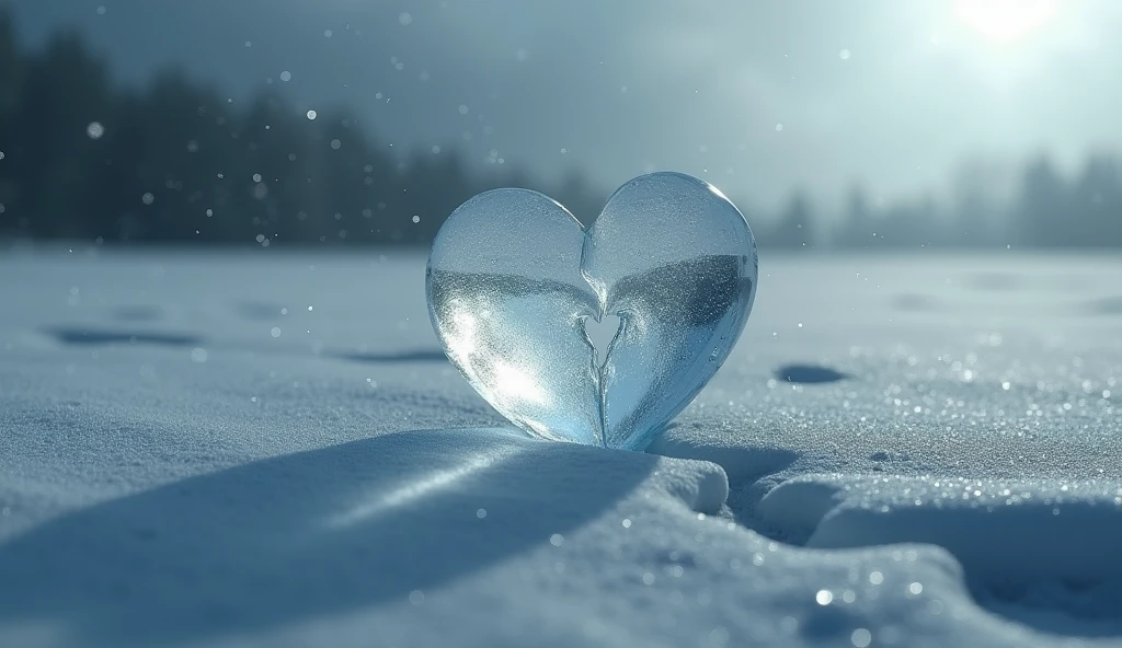 "A melancholic scene in cold, muted gray tones, set in a desolate winter landscape under a gloomy gray sky. The focus is on a close-up of an ice heart lying on the snow, its surface semi-translucent with snow crystals , A silhouette of a heart broken in half on the snow as a defined shadow of the heart, symbolizing deep pain. Snowflakes fall gently around the scene, contributing to the gloomy atmosphere. The cold light of the cloudy sky highlights the intricate. details of the ice and falling snow, emphasizing the emotional weight of the moment."