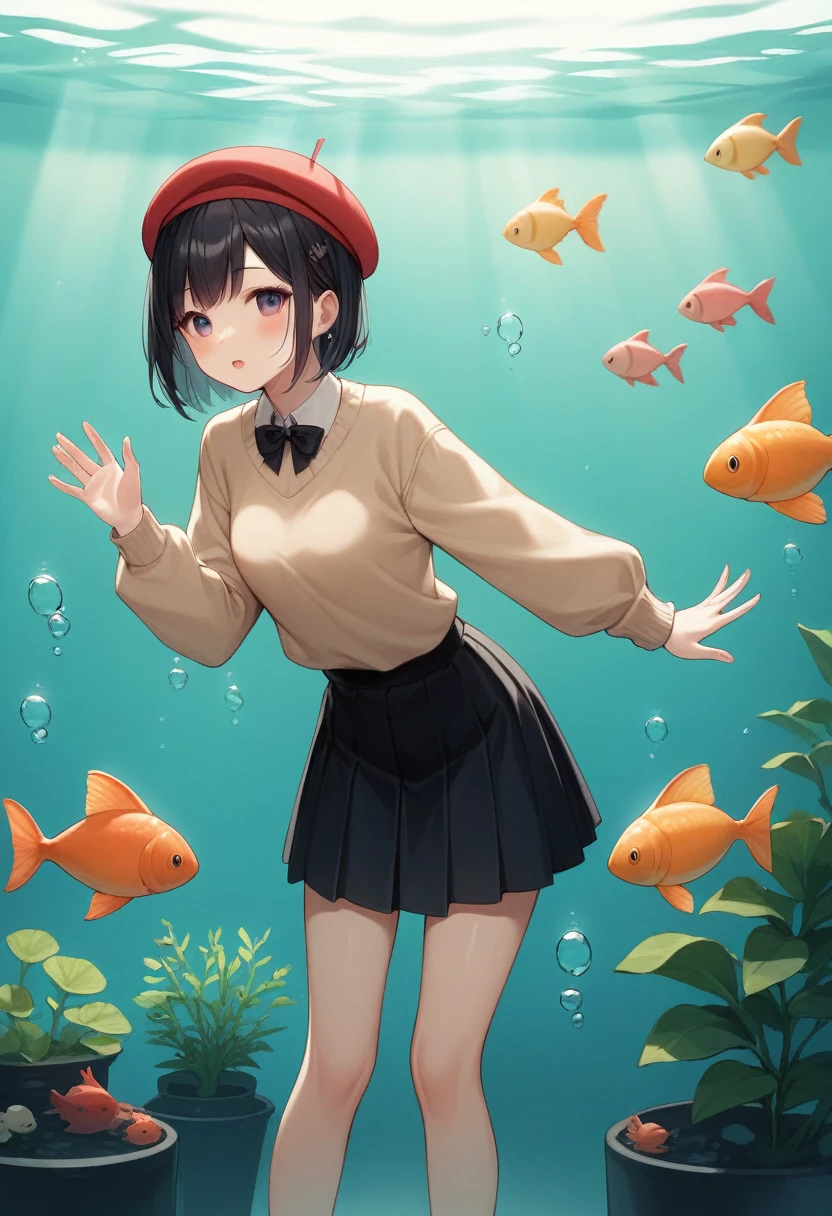 A scene in an aquarium, focused on an anime style girl with short black hair, dressed in a beige beret decorated with bunny ears and a bow, a peach colored sweater, and a dark skirt. The girl is standing in front of the aquarium glass, leaning forward slightly, with the right hand resting on the glass and the left hand relaxed. His expression shows excitement as he watches something in the water.. Behind the glass, You can see details of the aquarium with fish swimming, Illuminated by a soft, bluish light that emulates the underwater atmosphere. The focus is on capturing the girl's natural and relaxed posture., as well as the interaction between it and the aquatic environment.