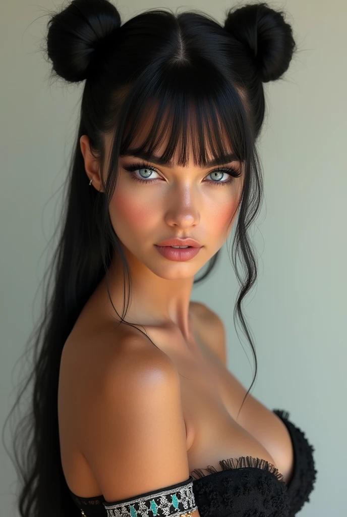 Mexican A beautiful pale-skinned Latina , eyes blue, full body, perfect body, two buns, straight bangs, (best quality,4k,8k,highres,masterpiece:1.2),ultra-detailed,(realistic,photorealistic,photo-realistic:1.37),HDR,UHD,studio lighting,ultra-fine painting,sharp focus,physically-based rendering,extreme detail description,professional,vivid colors,bokeh,portraiture,glamour,sensual,alluring,wear mexi, in style of Retna, full body