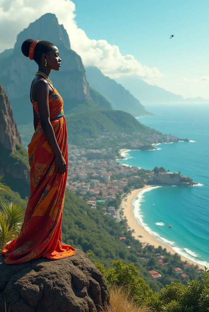 femme africaine sur le haut d'une montagne, jolie payage avec une ville au bord de mer ,le regard vers nous