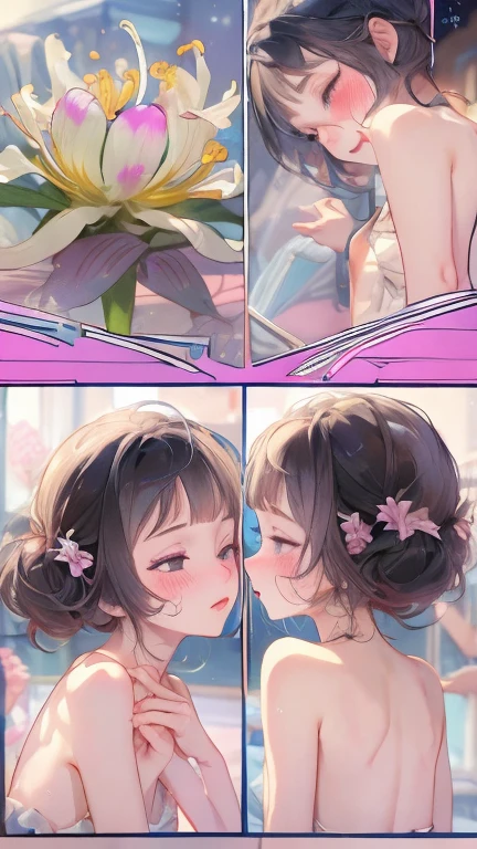 Highest quality, Very detailed, ,((blush)),((((Backwards)))),Stick your butt out、Show me your ass、Put a lily on your ass、Look up at the sky、Thong、On all fours、room、one piece、turn around、Pee、vapor、Hands at mouth