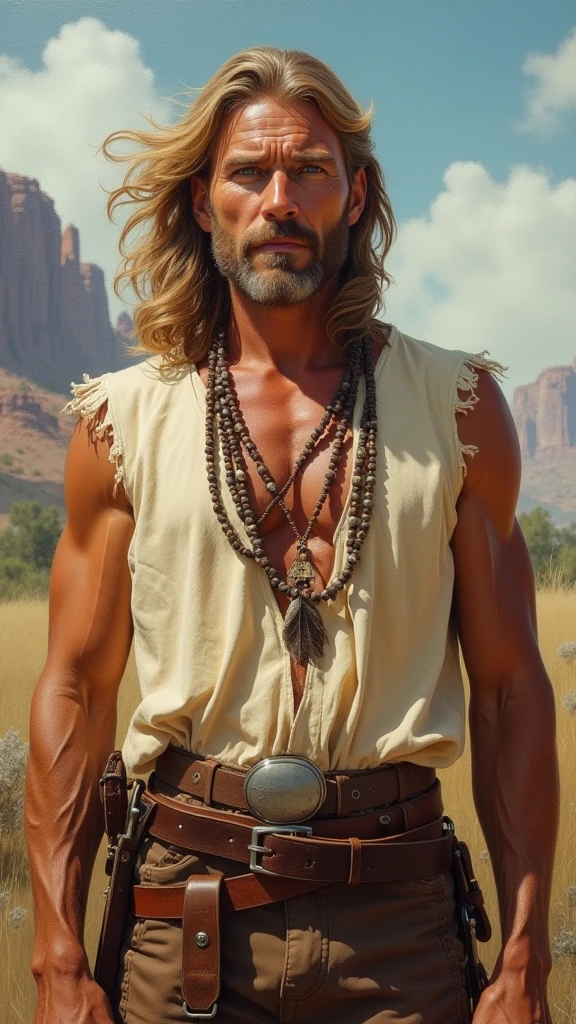 ((A Western Scene from the 1870, Realistic oil painting , portrait of Byron Sully the mountain man from dr Quinn, striking resemblance with Joe Lando 3. he wears Indian leather cream tunic with sleeveless torn edges, a brown leather belt and a hatchet, a long necklace of round and long beads with a feather, he have long blond wavy hair and blue eyes.)) His hair gently flutters in the wind. Painting, artstation, concept art, smooth, sharp focus, illustration, cinematic perfect light, masterpiece, ((inpired by Carne Griffiths and Wadim Kashin)) detailed illustration of an outstanding mysterious touch. (In the style of, dr quinn) (--hd, western art), remove blur