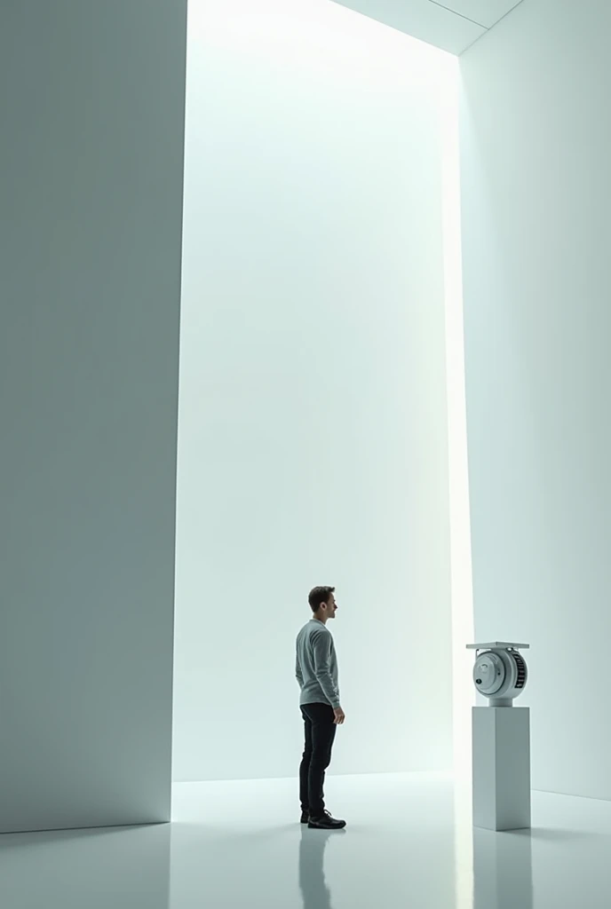 We see a guy entering a large, minimalist studio, At first. Everything sounds clean, seems to be part of the future.
He finds a device on a totem.
He is surprised and reads the name out loud, as someone who questions.
A second voice, slightly robotic, repeat, confirming: