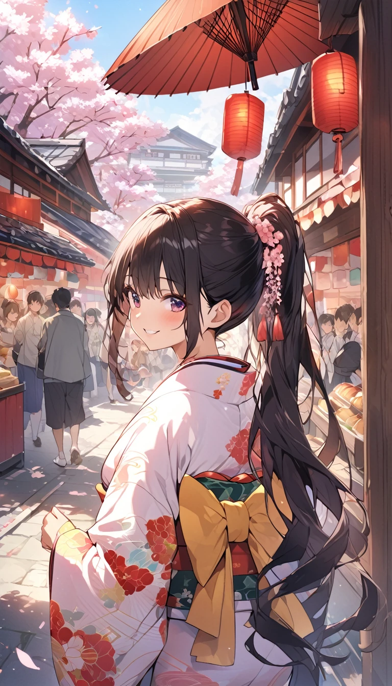 One Woman、beautiful girl、evening、kimono、Beautiful patterned kimono、ponytail、Waraji、School、Back of the school building、spring、cherry blossoms々、はためくcherry blossomsの花びら、Long Hair、Highest quality、Ultra HD、Black Hair、smile、8 heads、White tabi socks、Japanese Umbrella、smile、Cowboy Shot、festival、Many food stalls、Beautiful scenery、Facing forward