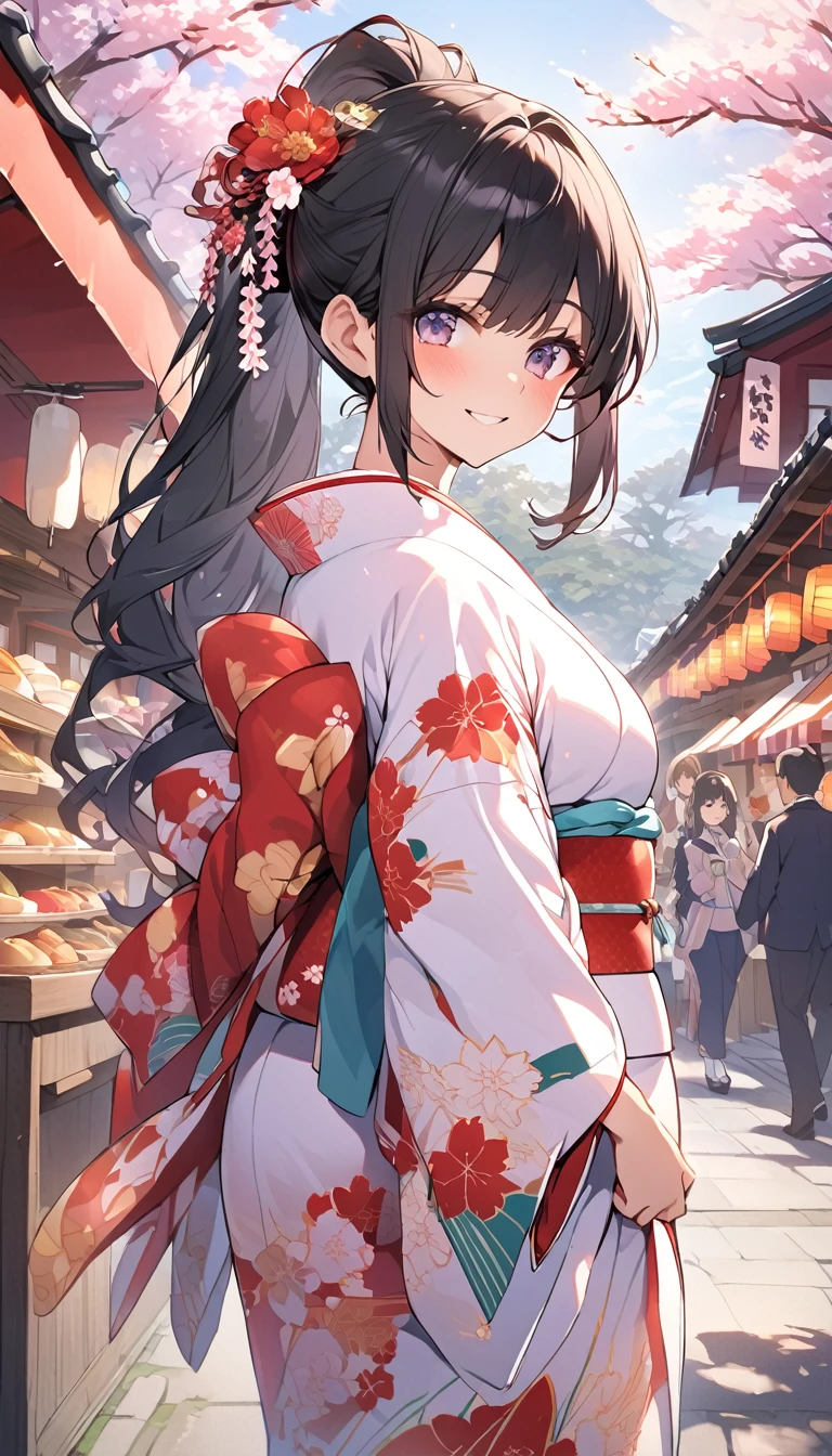One Woman、beautiful girl、evening、kimono、Beautiful patterned kimono、ponytail、Waraji、School、Back of the school building、spring、cherry blossoms々、はためくcherry blossomsの花びら、Long Hair、Highest quality、Ultra HD、Black Hair、smile、8 heads、White tabi socks、Japanese Umbrella、smile、Cowboy Shot、festival、Many food stalls、Beautiful scenery、Facing forward