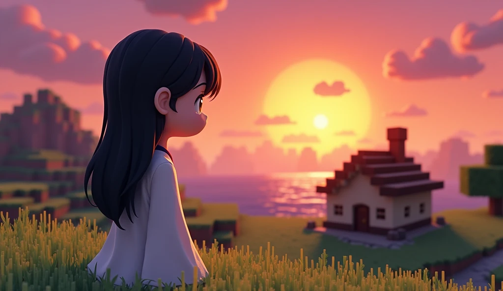 cartoon with black hair and a long white shirt looking at a landscape in minecraft with a house being built in the background with a sunset