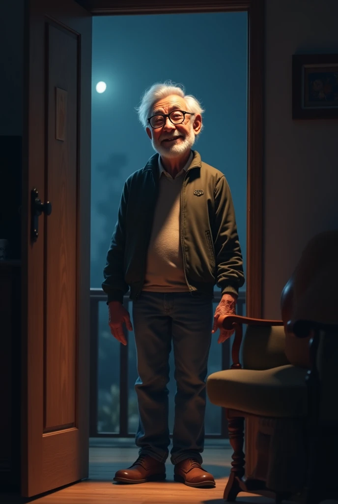 A grandfather standing in the doorway of a room at night, with glasses and smiling The same grandfather now sits in a chair looking forward and smiling with his glasses. It's still night.