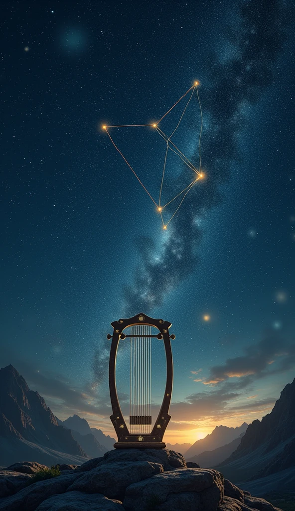 Lyra is the constellation associated with Orpheus&#39; lyre, the most talented musician of antiquity. Orfeu encantava todos os seres vivos with your music, and his lyre had the power to calm storms and tame wild beasts. When your beloved, Eurydice, he died, Orpheus descended into the underworld and, with your music, persuadiu Hades a devolvê-la. however, Orfeu desobedeceu às condições e perdeu Eurydice para sempre. after his death, Zeus placed Orpheus&#39;s lyre in the sky as the constellation Lyra, so that his enchanting music could be remembered forever, shining among the stars as a symbol of the power of art and love.