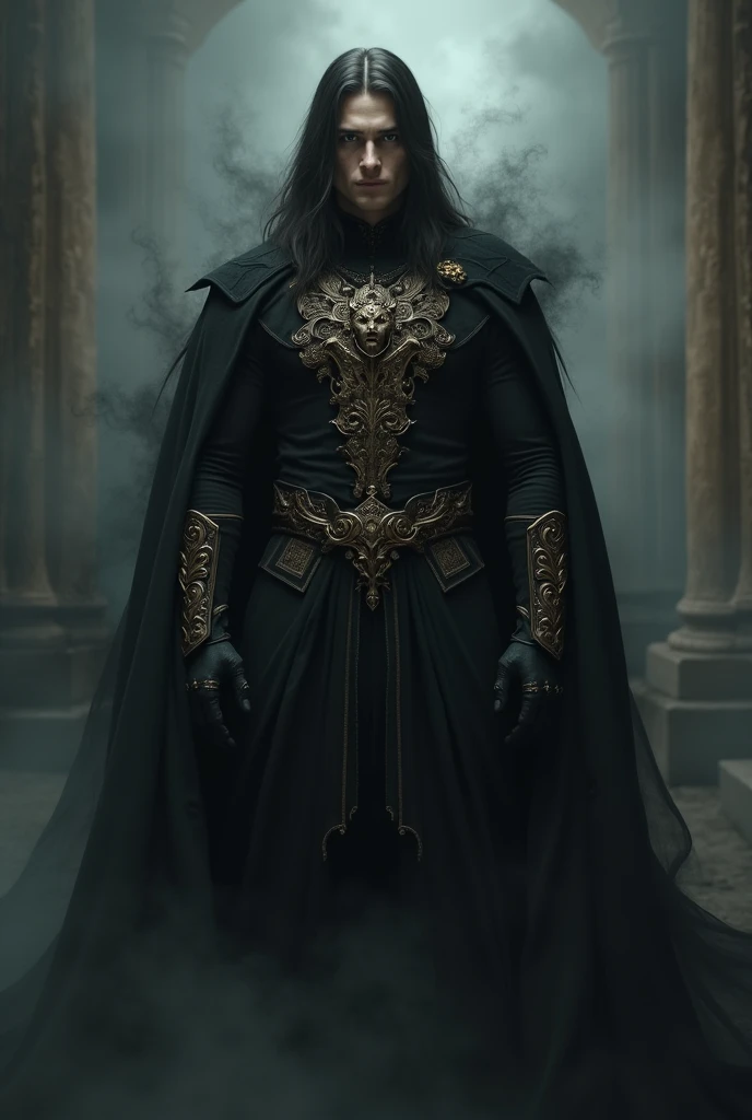 (Of course. So with all this in mind, the complete description of this man's appearance would be:
Tall male in the age range of 25-40, with long, dark and straight hair, and a strong but not "too" muscular physique. Fair skin, athletic-muscular build, and pale or white colored eyes. A black and gold velvet armor, although not very protective, probably expensive-looking, with a permanent and thick black shadow aura surrounding him. The aura is very strong and people can touch it.