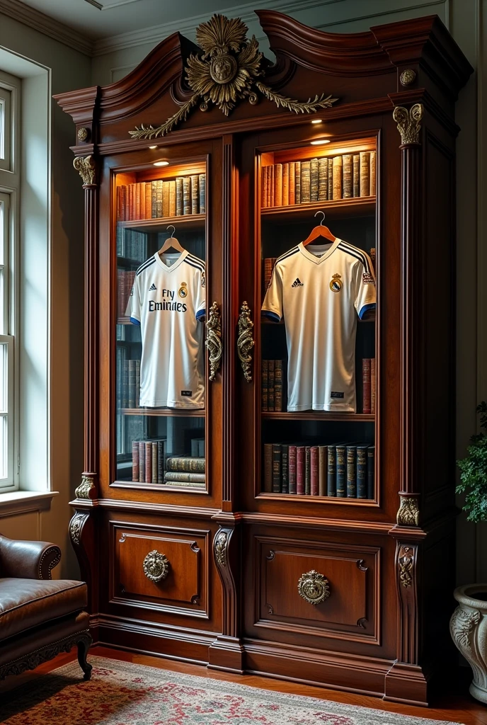 An almira one side full with books and others side fully with lots of  jerseys like real madrid