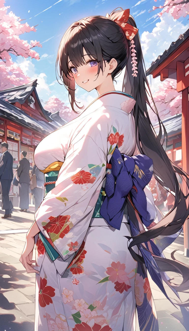 One Woman、beautiful girl、evening、kimono、Beautiful patterned kimono、ponytail、Waraji、School、Back of the school building、spring、cherry blossoms々、はためくcherry blossomsの花びら、Long Hair、Highest quality、Ultra HD、Black Hair、smile、8 heads、White tabi socks、Japanese Umbrella、smile、Cowboy Shot、festival、Many food stalls、Beautiful scenery、Big Breasts