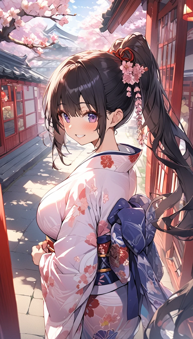 Big ample breasts、Kimono with cleavage visible、blue eyes、Big smile、Absurd,High resolution,Ultra-detailed,(Accurate and unparalleled illustrations:1.3),(One Girl:1.3),Long black hair、,(Amused look),(Put your arms behind your back:1.5),(Knee-high socks:1.3),(Kimono with red frills:1.3),(Pink Ribbon:1.3),(Illuminated night cherry blossoms:1.3),(Japanese Castle:1.2),(full moon:1.3)