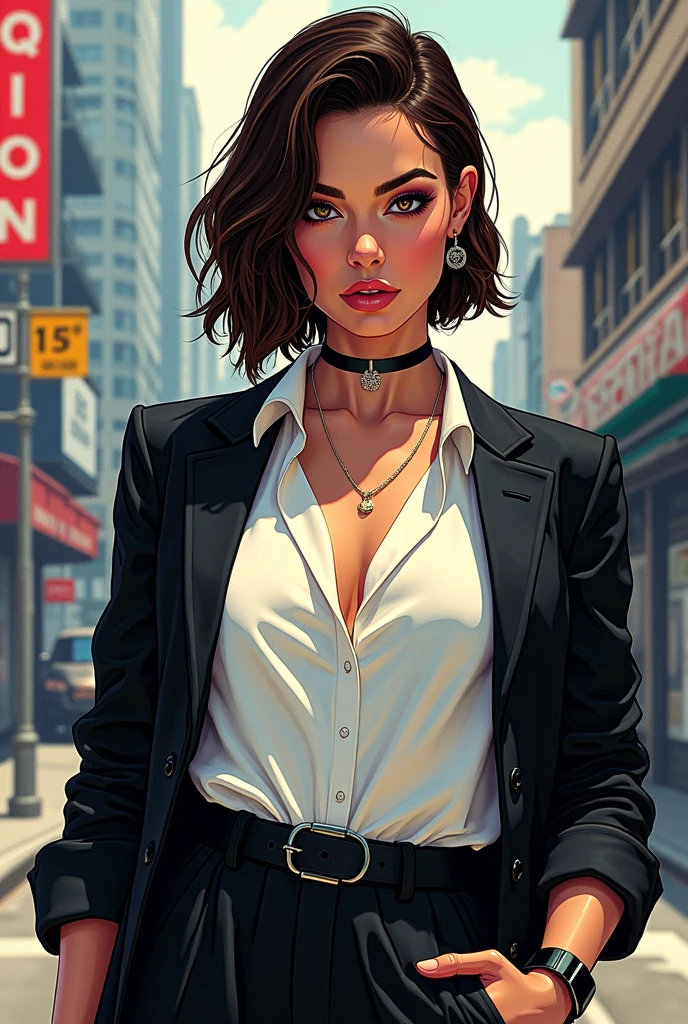 a cartoon image of a woman in a black jacket and a white blouse, margot robbie em gta v, art gta 5 comics, artgasm, Betty Cooper, black canary, gta v artwork style, urban girl fanart, Terry Moore, zenoscope, style artgerm, Gwen Stacy, portrait of emma frost, in the style artgerm, background art