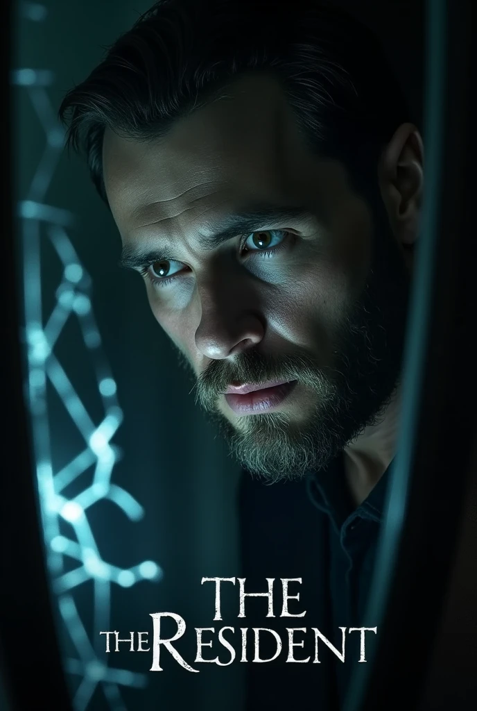 I want you to make a poster about a horror and suspense series where a man looks at his reflection in a broken mirror where he can see his own death., For the title, name it The Resident and use the ITC Benguiat font.