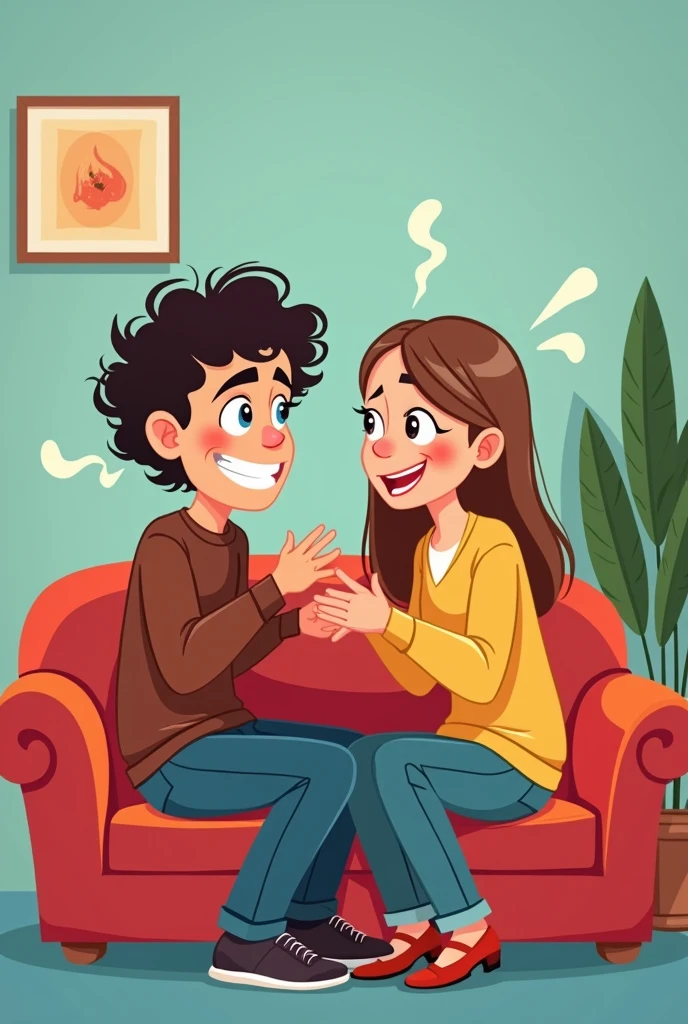 Create an image of a curly-haired man and a straight-haired light brown-haired woman on a couch looking at a camera gossiping with the cartoon-style promo 