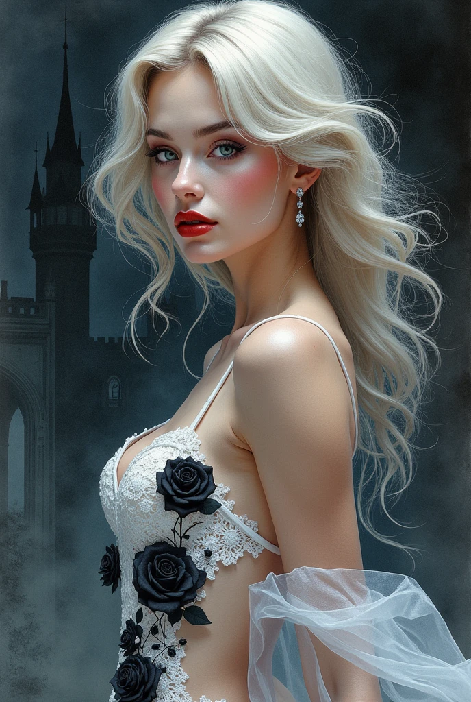 watercolor anime comic art, Boris Vallejo art, of a female vampire, exquisite beauty, full body shot, dark glamour shot, busty, pale white skin, dark blond hair, long hair, wavy hair, blood red lips, glowing grey eyes, she wears a (white lace dress: 1.3) exquisite, beautiful, half sheer dress, ((white lace: 1.5)) dress (intense details, Masterpiece, best quality: 1.5), the roses are imprinted on the dress (black: 1.4) high heells, dark castle