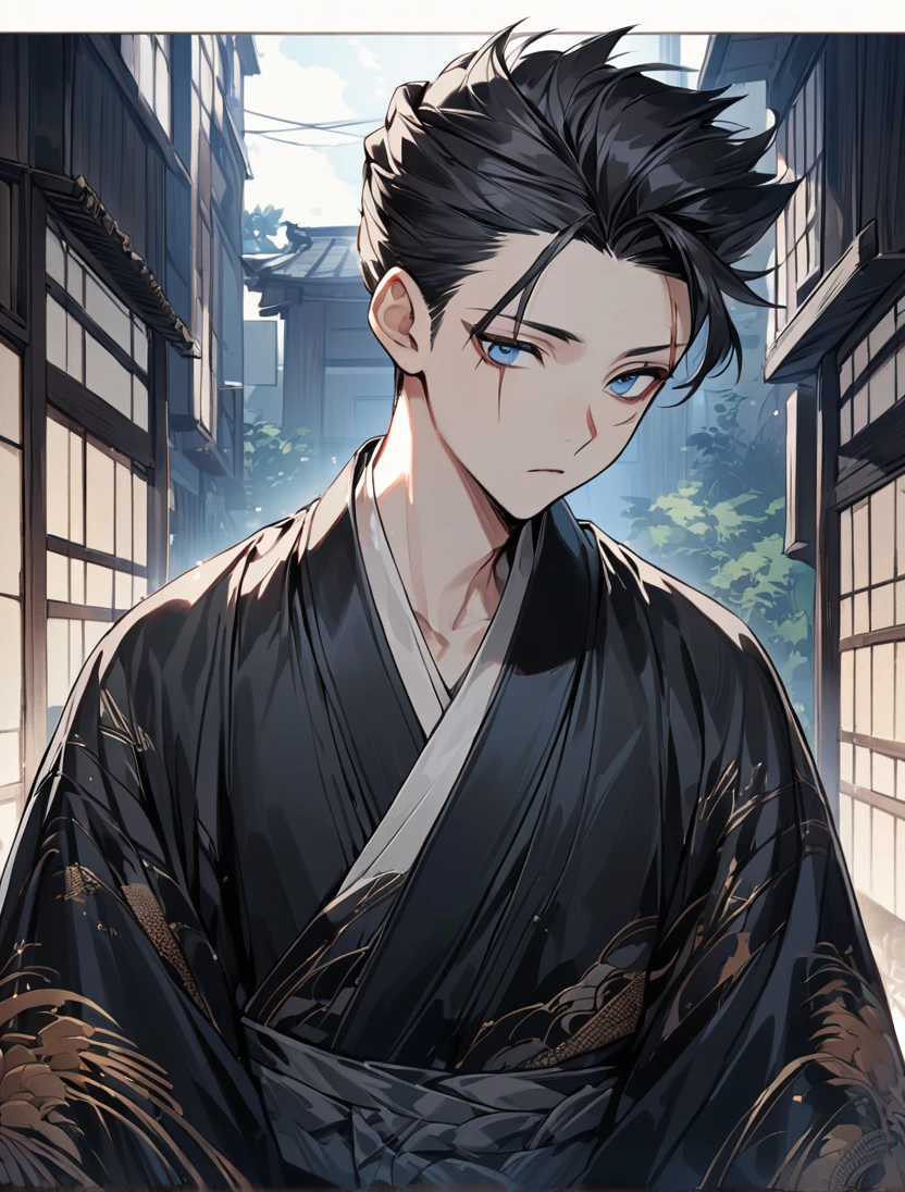 (black_hair), (short_male_hair), (quiff_hairstyle), (deep_blue_eyes), (high_detailed_eyes), (scar_on_the_center_of_the_left_eye), (prominent_scar), (attractive), (emotionless), (male), (wearing _a_black_kimono), (detailed_Hair), (detailed), (detailed_mouth), (young_appearance), (dark_under_eyes), (japanese_background)