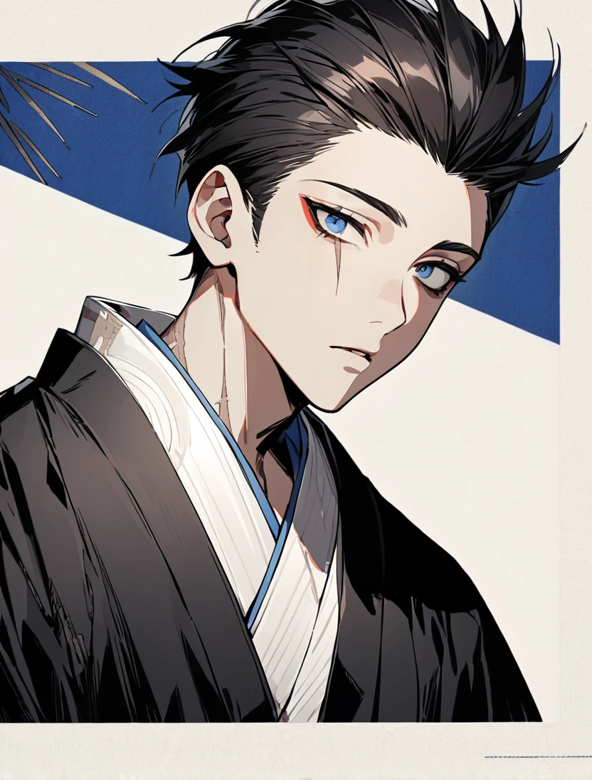 (black_hair), (short_male_hair), (quiff_hairstyle), (deep_blue_eyes), (high_detailed_eyes), (scar_on_the_center_of_the_left_eye), (prominent_scar), (attractive), (emotionless), (male), (wearing _a_black_kimono), (detailed_Hair), (detailed), (detailed_mouth), (young_appearance), (dark_under_eyes), (japanese_background)