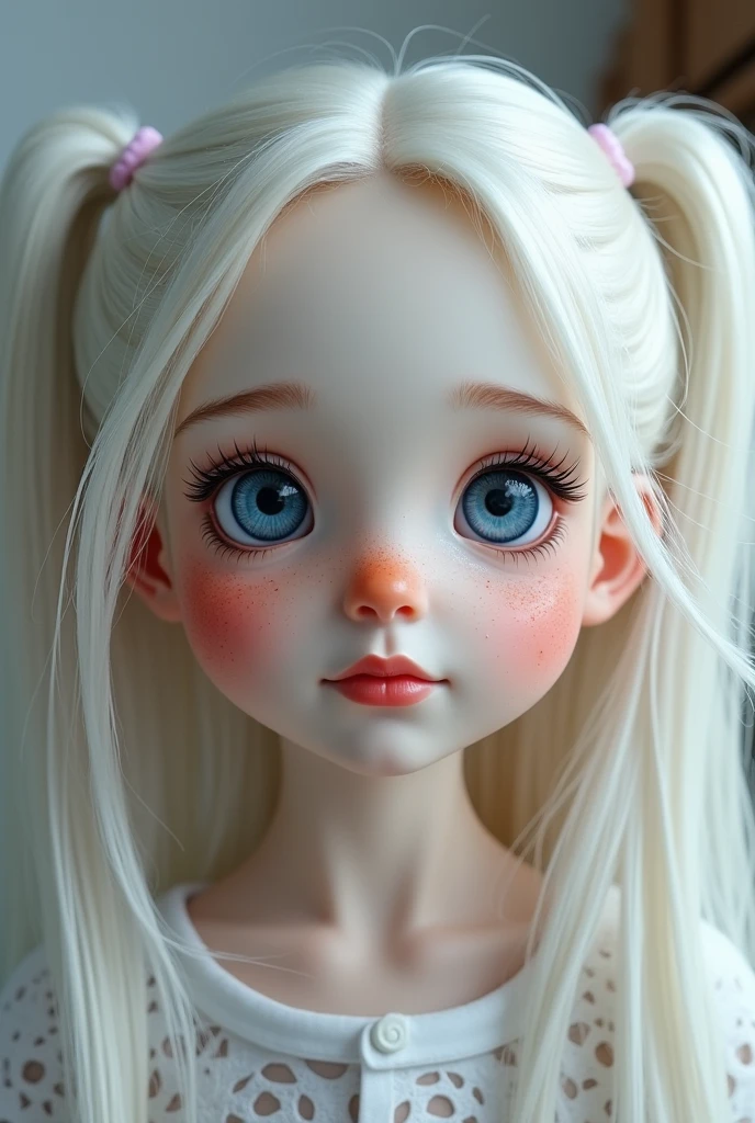 a girl with white long hair blue eyes white pale skin red lips button nose very long black eyelashes big plump lips freckles all over the face with two ponytails