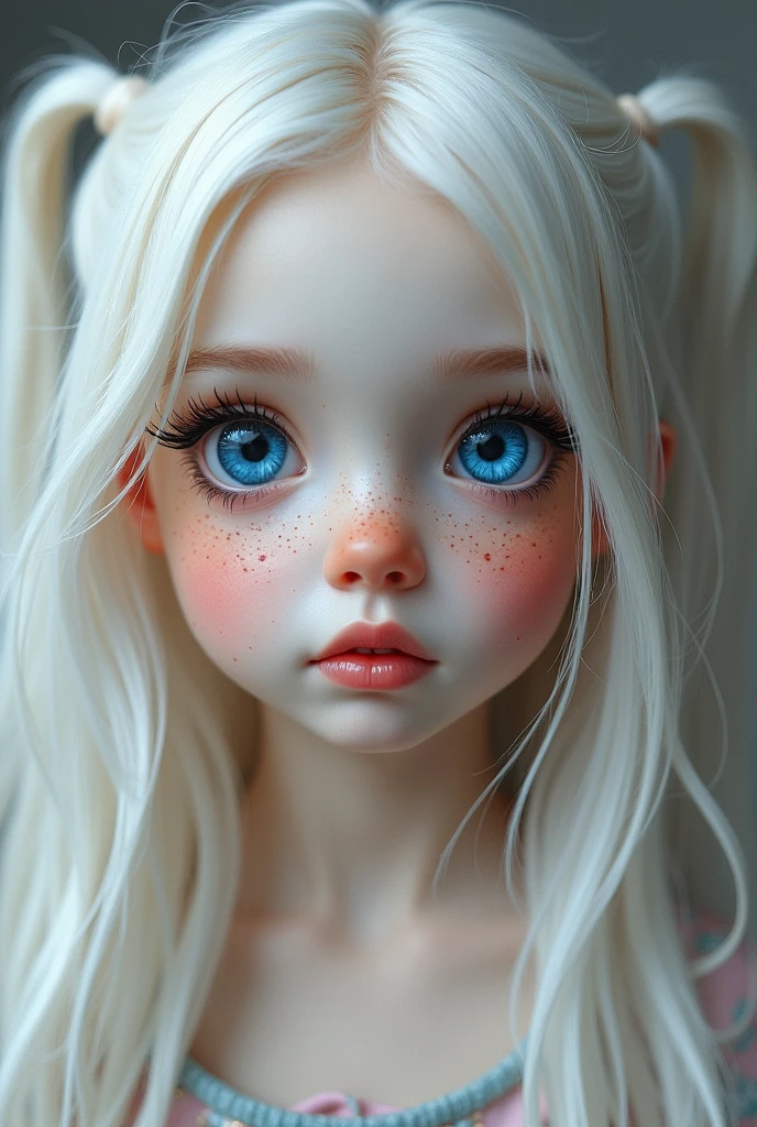 a girl with white long hair blue eyes white pale skin red lips button nose very long black eyelashes big plump lips freckles all over the face with two ponytails