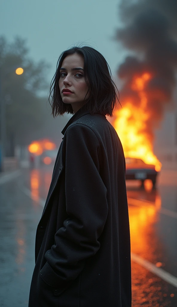 beautiful (((3))) woman, with bob hair, (((((one person))))), ((ultrawide photo)), (distant plan), barely smiling, (stands on the asphalt), in full growth, (stands on a wet road), (heavy rain), heavy rain falls, downpour, standing under the rain, wearing modern topcoat, business looking overcoat, ((cinematic bokeh at background)), (((everything wet))), ((car on fire) behind her)) and fire is high to sky, huge robot stays at the background with smoke and vaporing, a drops of water on the skin, detailed drops, water fall from above, windy, (wet hair), wet clothes, wet body, wet lips, wet skin, low visibility, (thin laser lights on background), 8k resolution, ultra quality, masterpiece, beauty, accentuated eyes, eyes details, good composition, body details, retina, well-sculpted face, (((full-length))), canon, arri, film look, grain, bloom, soft look, soft contrast, smoking, smoking cigarette, ((((horizontal collage))))