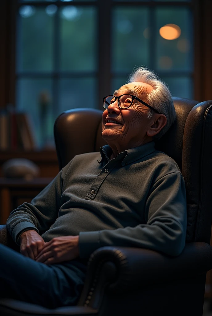 
The same grandfather now sits in a chair looking forward and smiling with his glasses. It&#39;s still night.