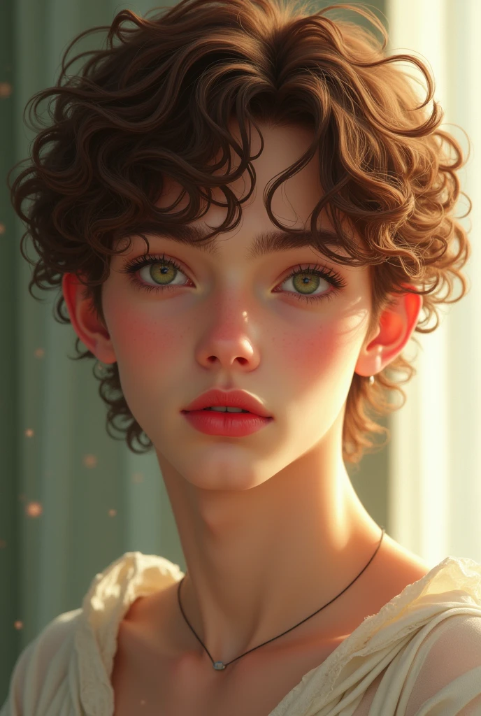 A boy, is a descendant of Aphrodite, ah inherited a certain beauty from her, The chic looks very pale, with beautiful, slightly greenish hazel eyes, curly hair not so long, hazelnut brown but sometimes some reddish lights, natural red lips in heart shape,
The boy is tall and very attractive, too handsome, He is and is in the present time