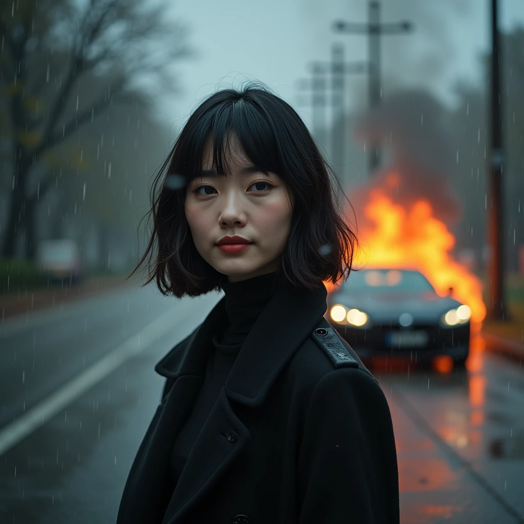 beautiful (((3))) woman, with bob hair, (((((one person))))), ((ultrawide photo)), (distant plan), barely smiling, (stands on the asphalt), in full growth, (stands on a wet road), (heavy rain), heavy rain falls, downpour, standing under the rain, wearing modern topcoat, business looking overcoat, ((cinematic bokeh at background)), (((everything wet))), ((car on fire) behind her)) and fire is high to sky, huge robot stays at the background with smoke and vaporing, a drops of water on the skin, detailed drops, water fall from above, windy, (wet hair), wet clothes, wet body, wet lips, wet skin, low visibility, (thin laser lights on background), 8k resolution, ultra quality, masterpiece, beauty, accentuated eyes, eyes details, good composition, body details, retina, well-sculpted face, (((full-length))), canon, arri, film look, grain, bloom, soft look, soft contrast, smoking, smoking cigarette, ((((horizontal collage))))