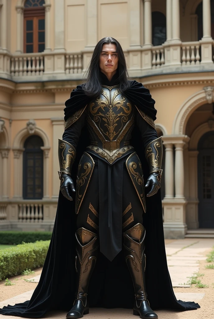 (Of course. So with all this in mind, the complete description of this man's appearance would be:

Tall male in the age range of 25-40, with long, dark and straight hair, and a strong but not "too" muscular physique. Fair skin, athletic-muscular build, and pale or white colored eyes. A black and gold velvet armor, although not very protective, probably expensive-looking.
He's in a courtyard castle 
He's very attractive and good-looking 
