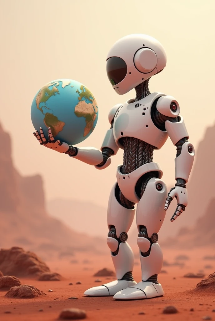 A sideways robot on Mars in pastel shades standing holding the planet Earth with one hand