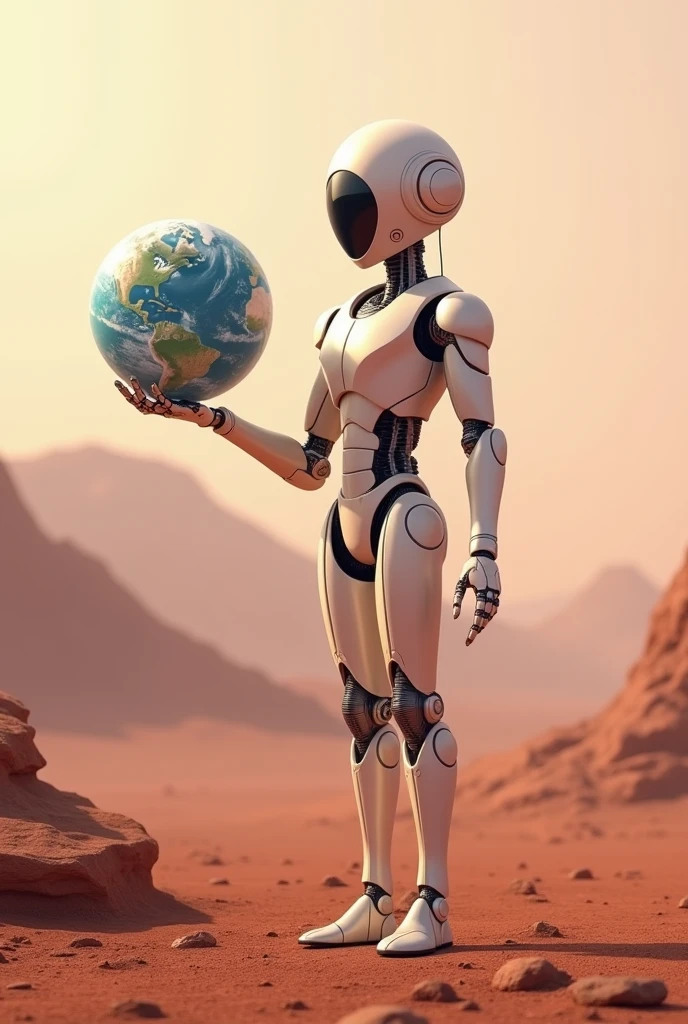 A sideways robot on Mars in pastel shades standing holding the planet Earth with one hand
